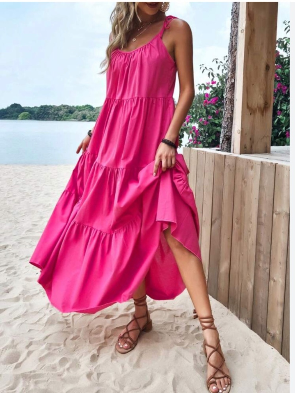 Size XL Hot Pink Sleeveless Tiered Maxi Dress w Pockets